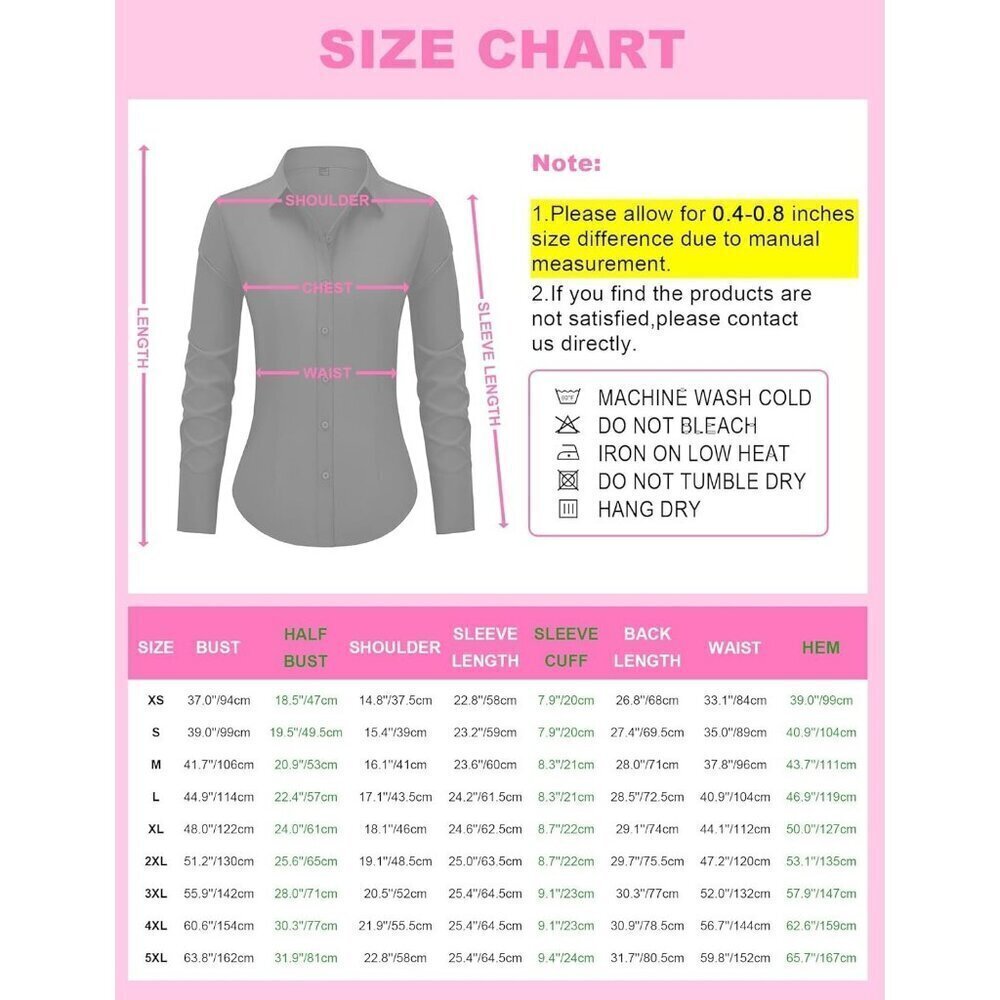 Women's Button Down Long Sleeve Wrinkle Free Collared Solid Blouses Dress Shirt - Picture 5 of 5